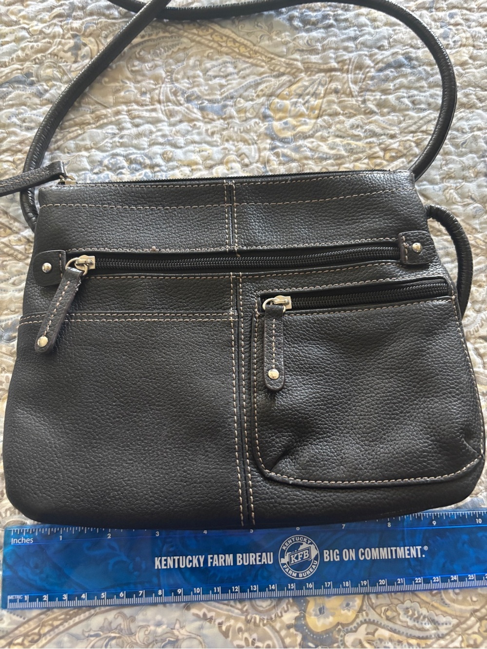 Tignanello Black Pebbled Leather Crossbody Bag with Contrast Stitching